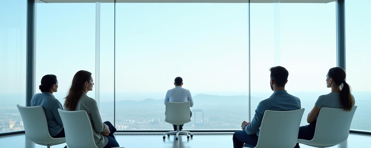 A serene group coaching workshop overlooking a vast clear horizon