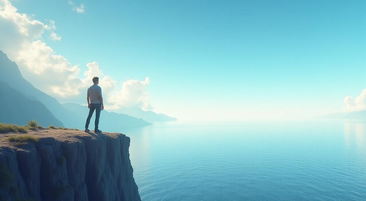 A serene person looking at a vast, clear sky reflecting emotional peace