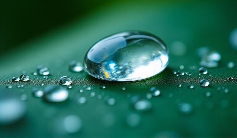 Close-up of a vibrant green leaf with heavy crystalline water droplets reflecting the sky