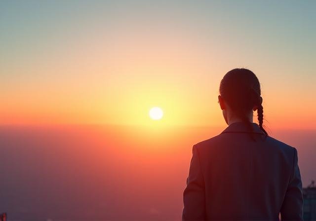 Person looking at a vast horizon with sunrise colors