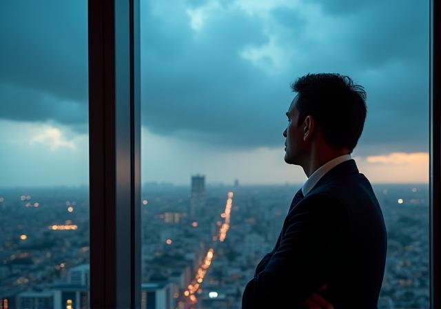 Executive sitting calmly in a high-rise office during a dramatic sky